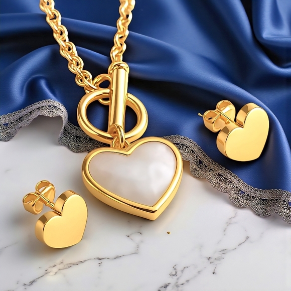 18K Gold Plated Heart Jewelry Set 💖Dainty Earrings & Necklace w/ Shell Inlay - Picture 7 of 11
